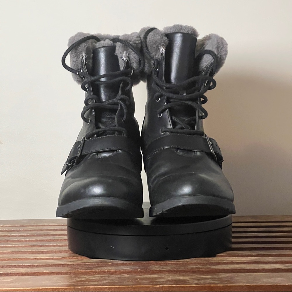 Ugg Janney Boot Black Waterproof Leather Ankle Wedge Lace Up Fur Sz 12 1012527 - Picture 8 of 14